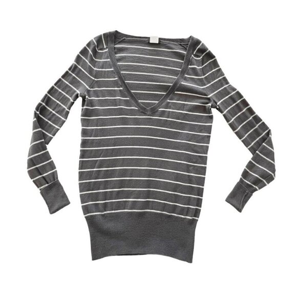 J. Crew Womens Sz XXS Gray & White Striped V-Neck Pullover Sweater - Picture 5 of 5